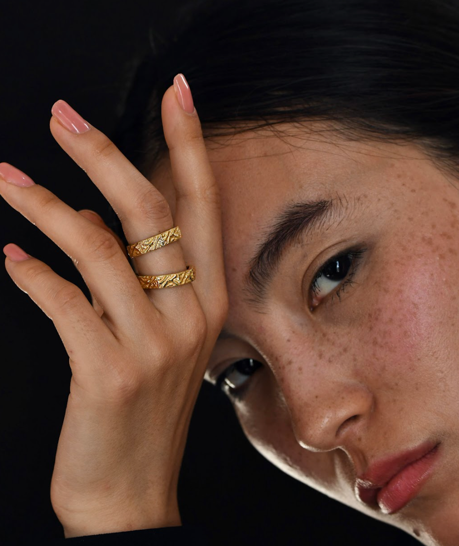 Textured Stackable Hexagonal Rings (Set Of -3) - Amrrutam