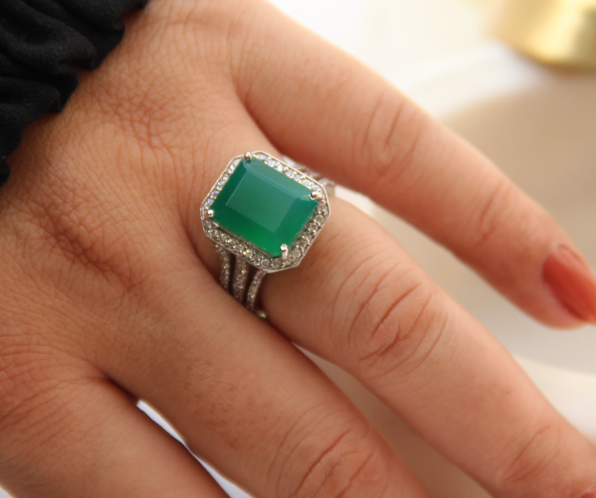 925 Silver Green Onyx Cocktail Ring - Amrrutam