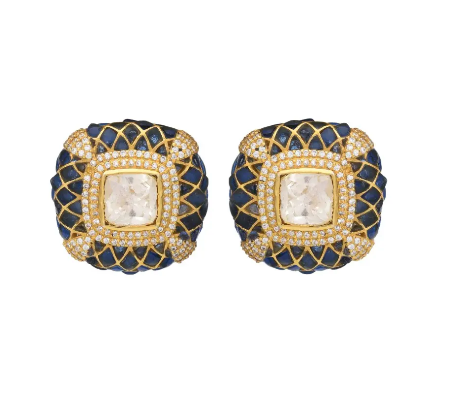 925 Silver Blue Polki Stud Earrings - Amrrutam