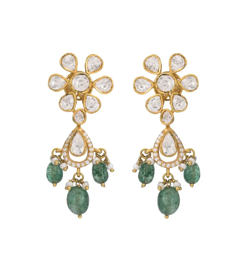 925 Silver Hansika Floral Polki Drop Earrings - Amrrutam