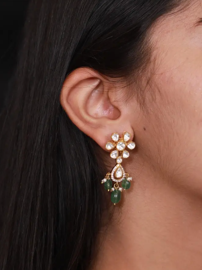 925 Silver Hansika Floral Polki Drop Earrings - Amrrutam