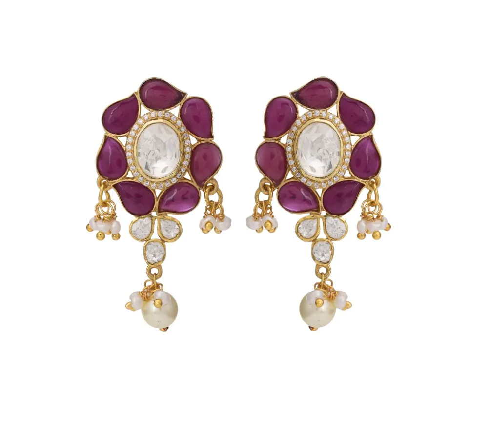 925 Silver Veda Floral Polki Drop Earrings - Amrrutam