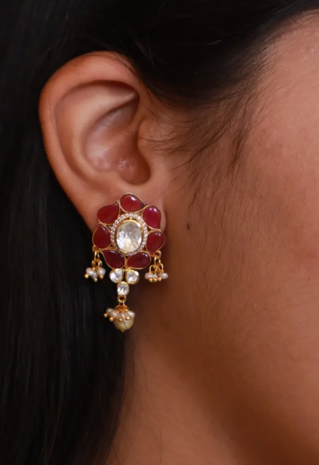 925 Silver Veda Floral Polki Drop Earrings - Amrrutam