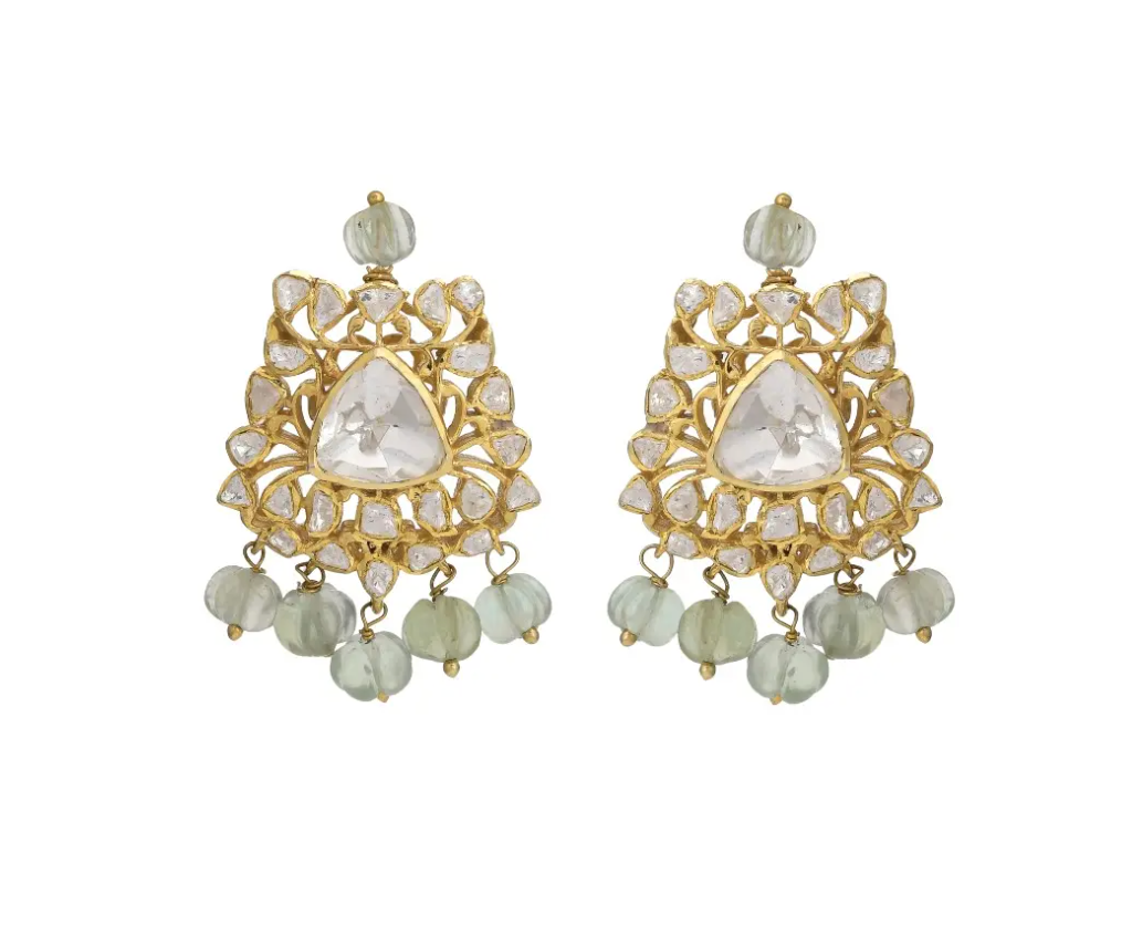 925 Silver Saral Polki Drop Earrings With Green Beads - Amrrutam
