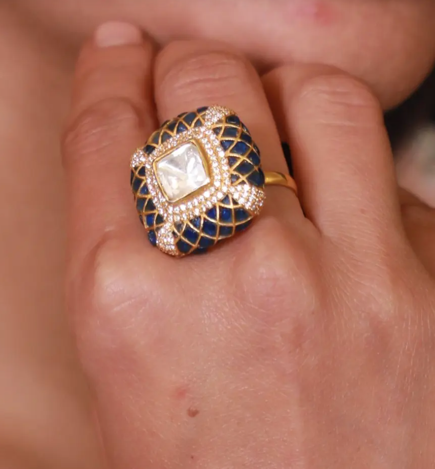 925 Silver Pakhi Blue Polki Ring - Amrrutam