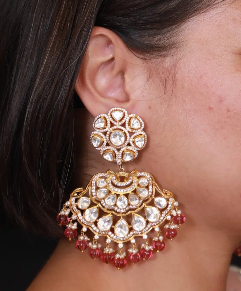 925 Silver Polki Chandbali Earring With Pink Beads - Amrrutam