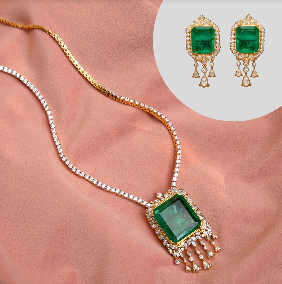 925 Silver Iris Emerald Necklace Set - Amrrutam