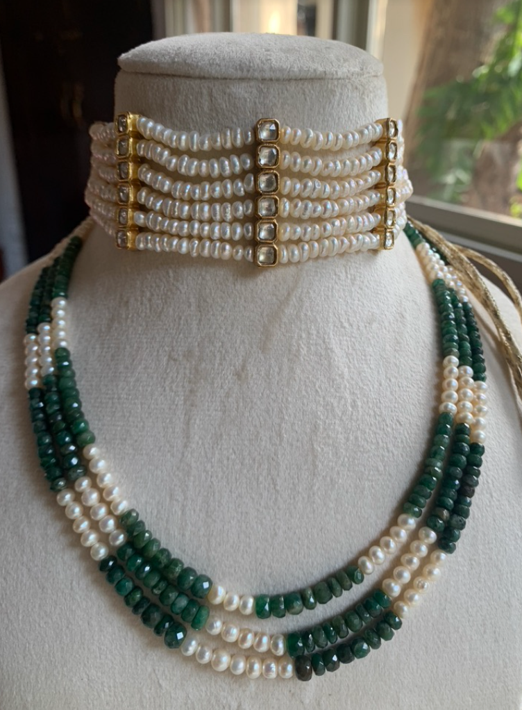 925 Silver Roza Pearl Polki Choker - Amrrutam