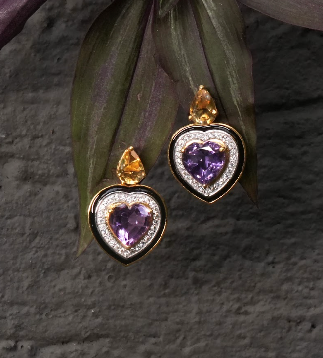 925 Silver Amethyst and Citrine Heart Earring - Amrrutam