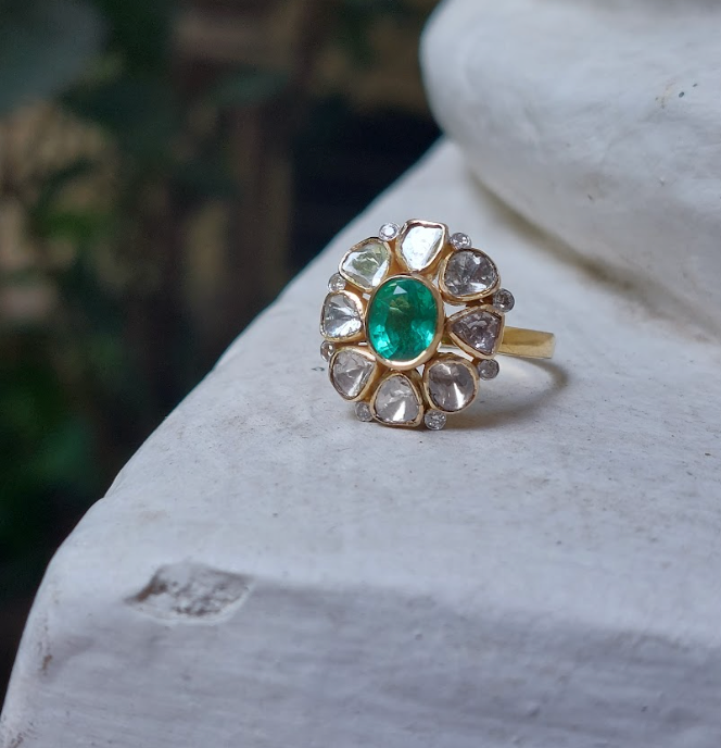 14K Gold Emerald Diamond Polki Ring - Amrrutam