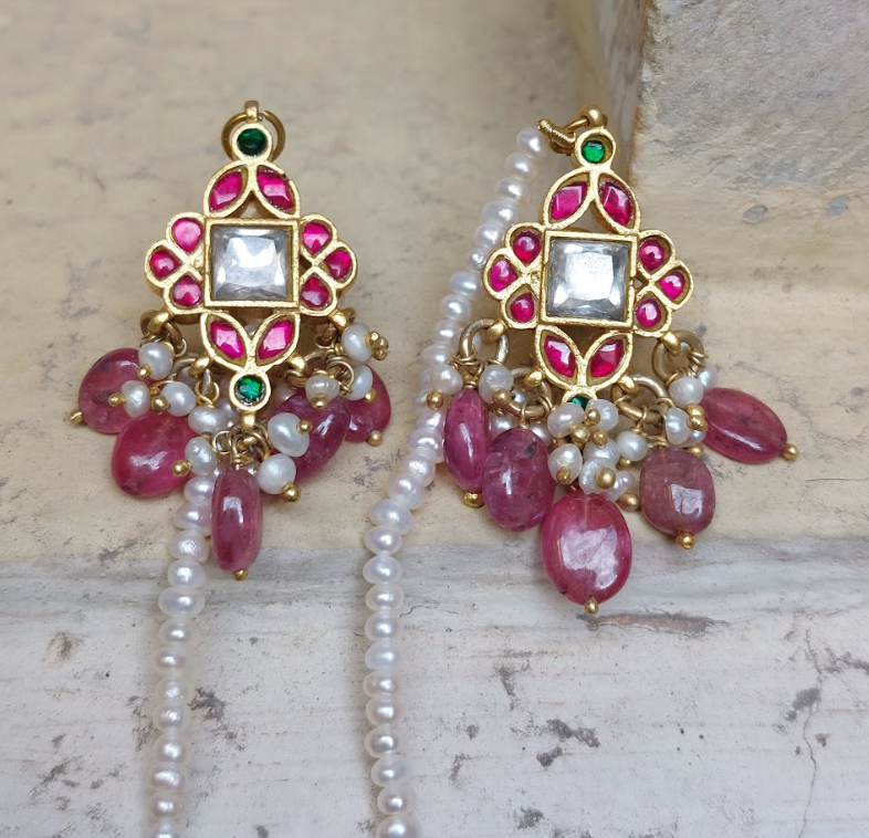 925 Silver Kundan Jadau Earrings With Natural Tourmaline - Amrrutam