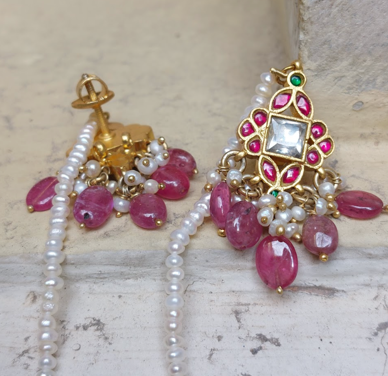 925 Silver Kundan Jadau Earrings With Natural Tourmaline - Amrrutam