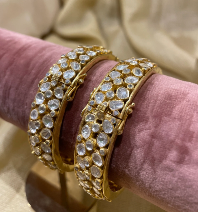 925 Silver Bellaur Polki Bangle Set - Amrrutam