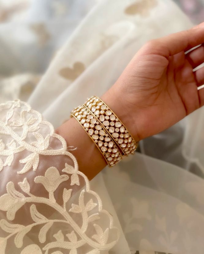 925 Silver Bellaur Polki Bangle Set - Amrrutam