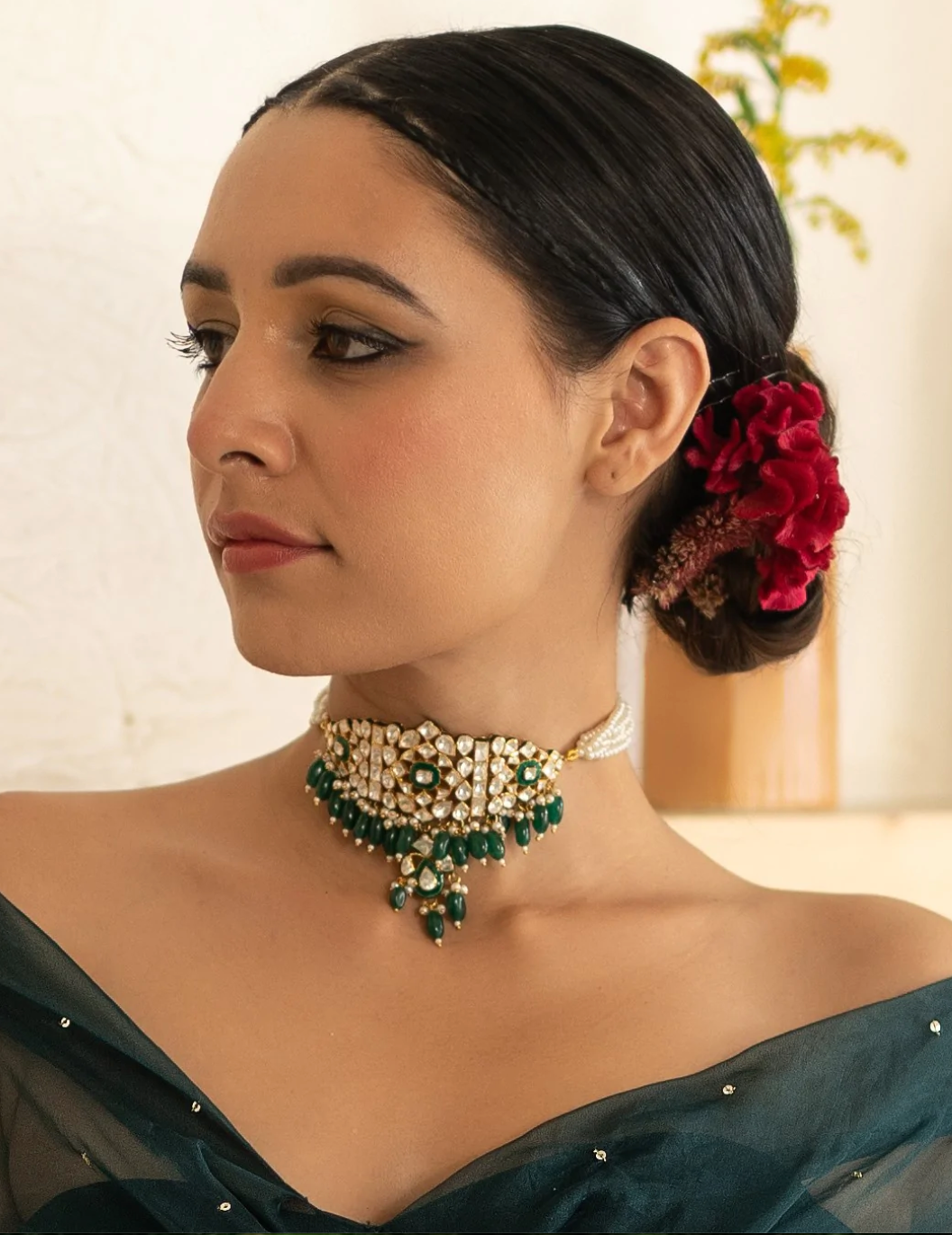 925 Silver Green Polki Choker Necklace - Amrrutam