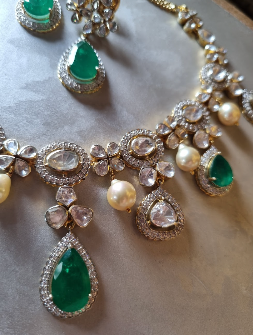 925 Silver Polki Emerald SouthSea Necklace Set - Amrrutam
