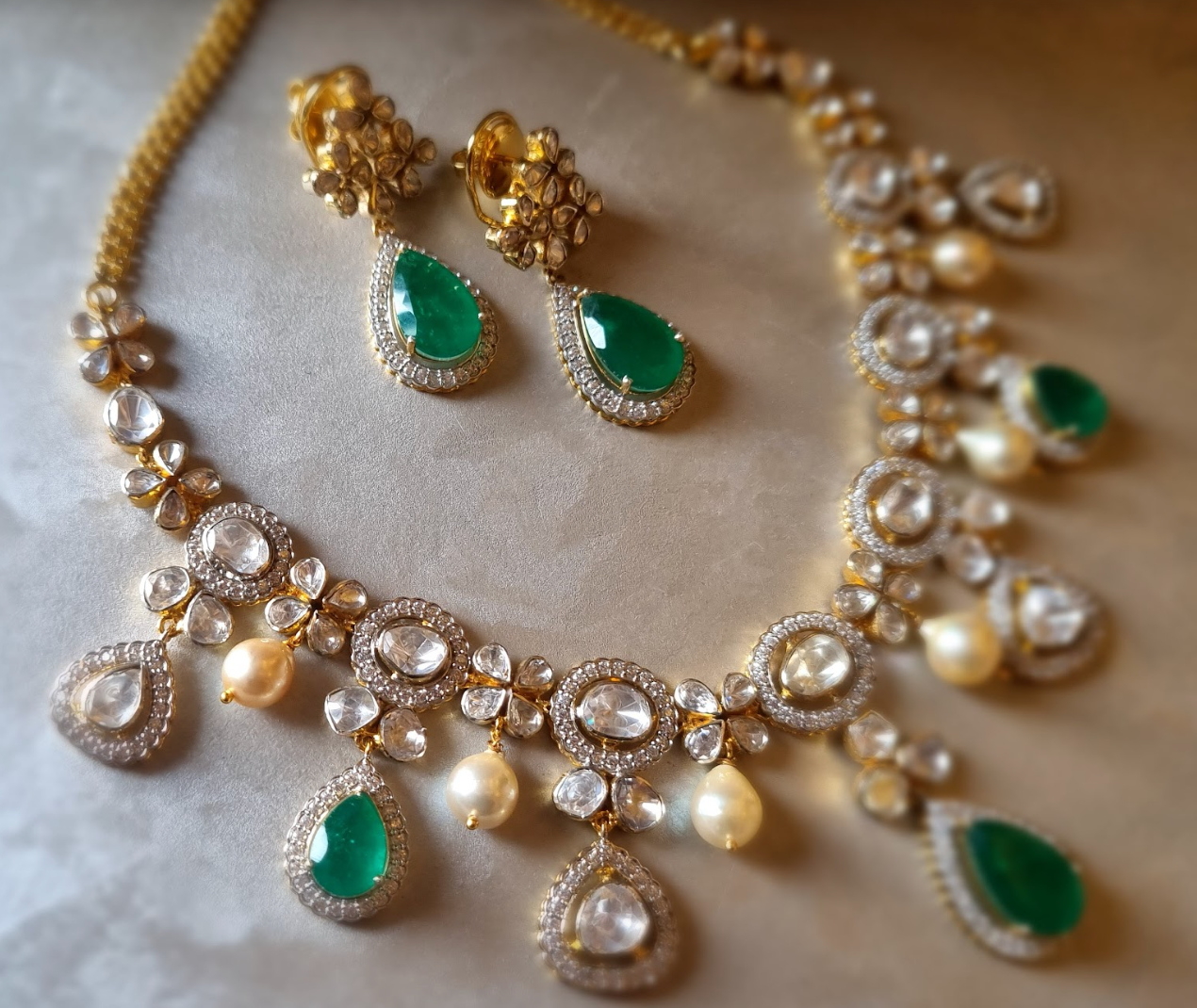 925 Silver Polki Emerald SouthSea Necklace Set - Amrrutam