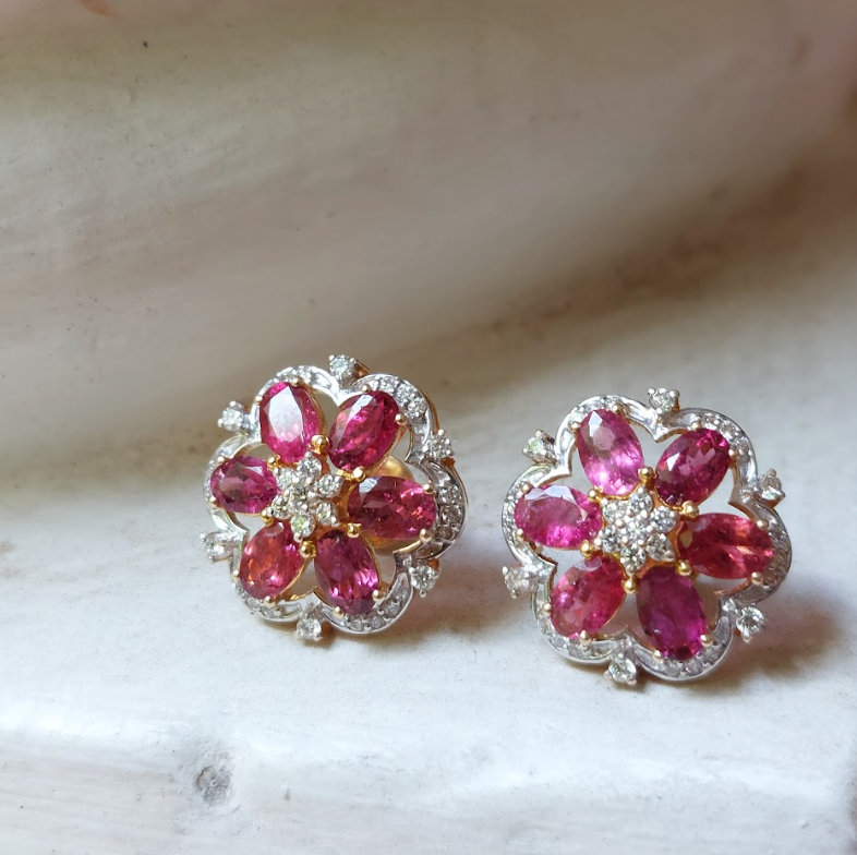 14K Gold Rubellite Diamond Stud Earrings - Amrrutam