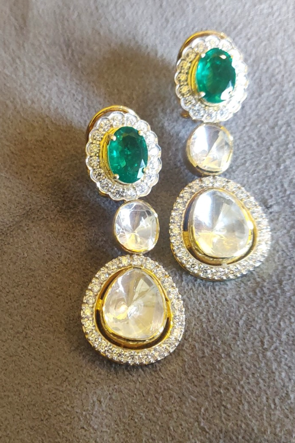 925 Silver Tri Color Polki Drop Earring - Amrrutam