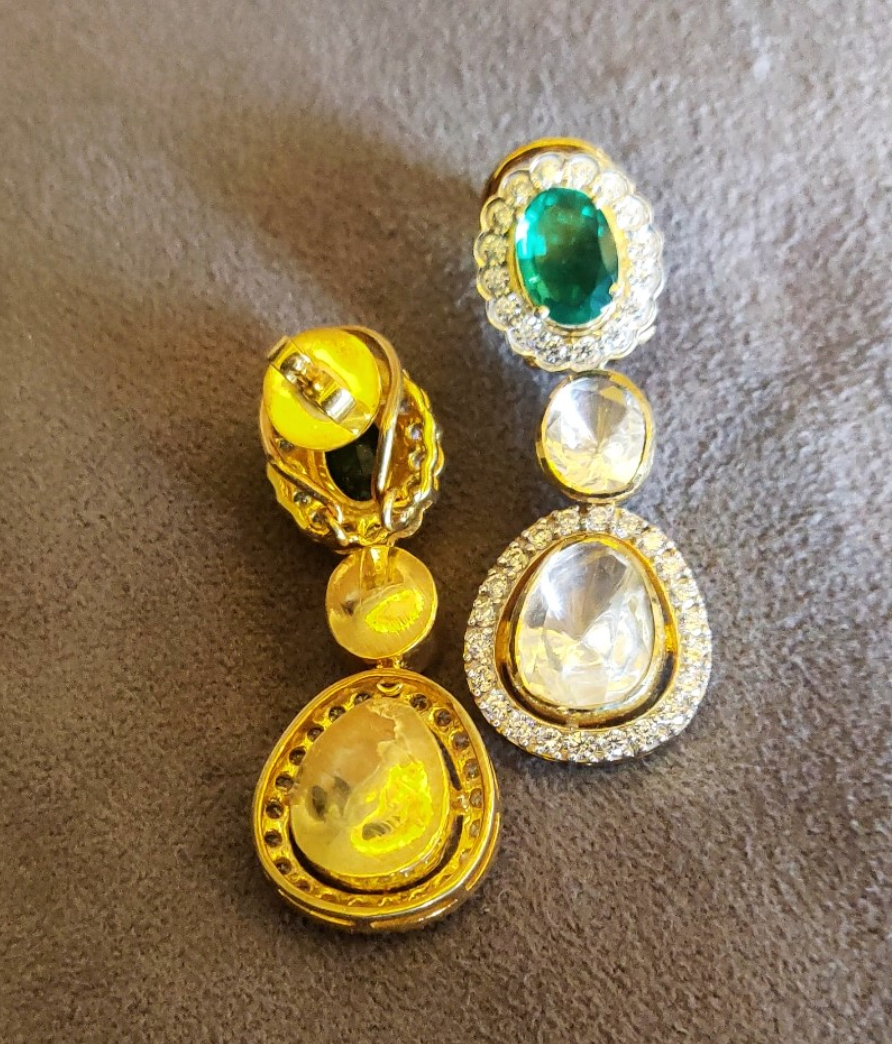 925 Silver Tri Color Polki Drop Earring - Amrrutam