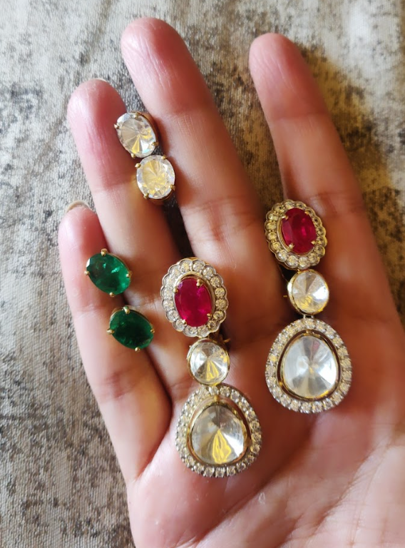 925 Silver Tri Color Polki Drop Earring - Amrrutam