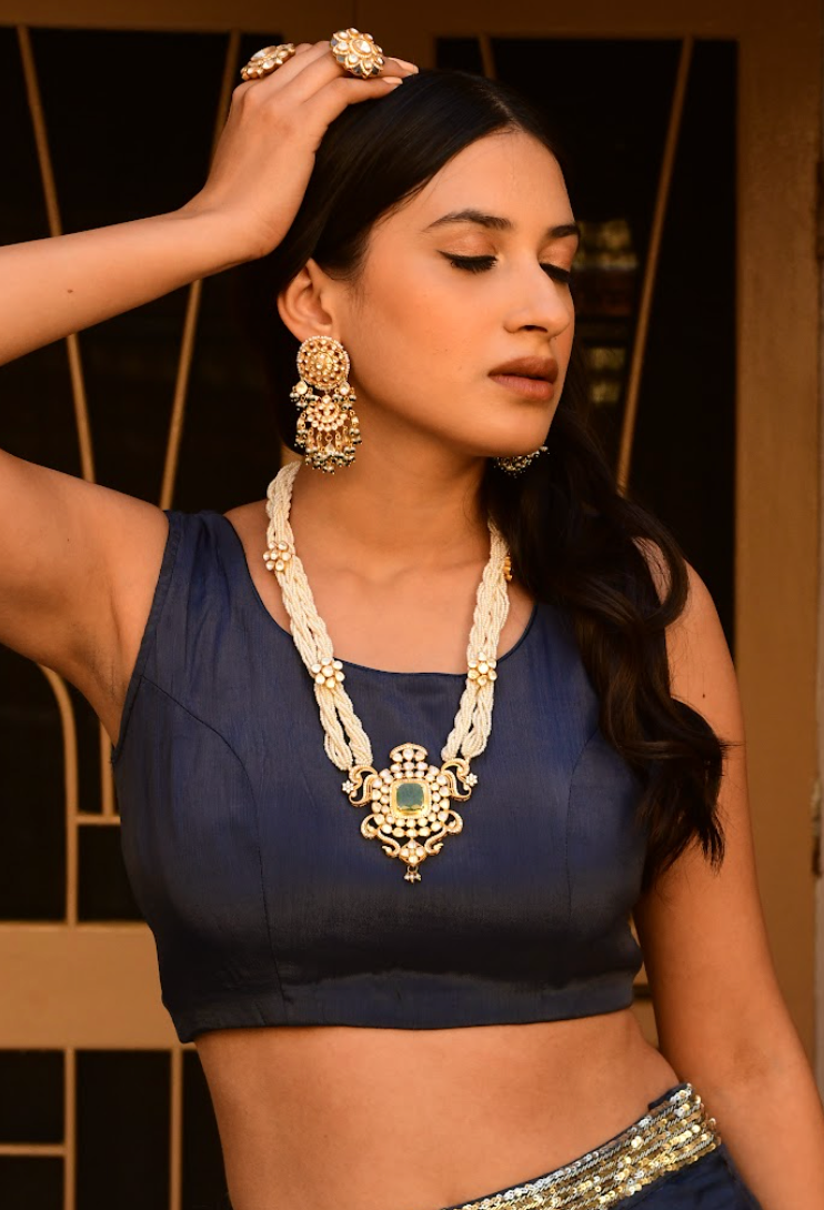 925 Silver Minoza Polki Necklace Set - Amrrutam