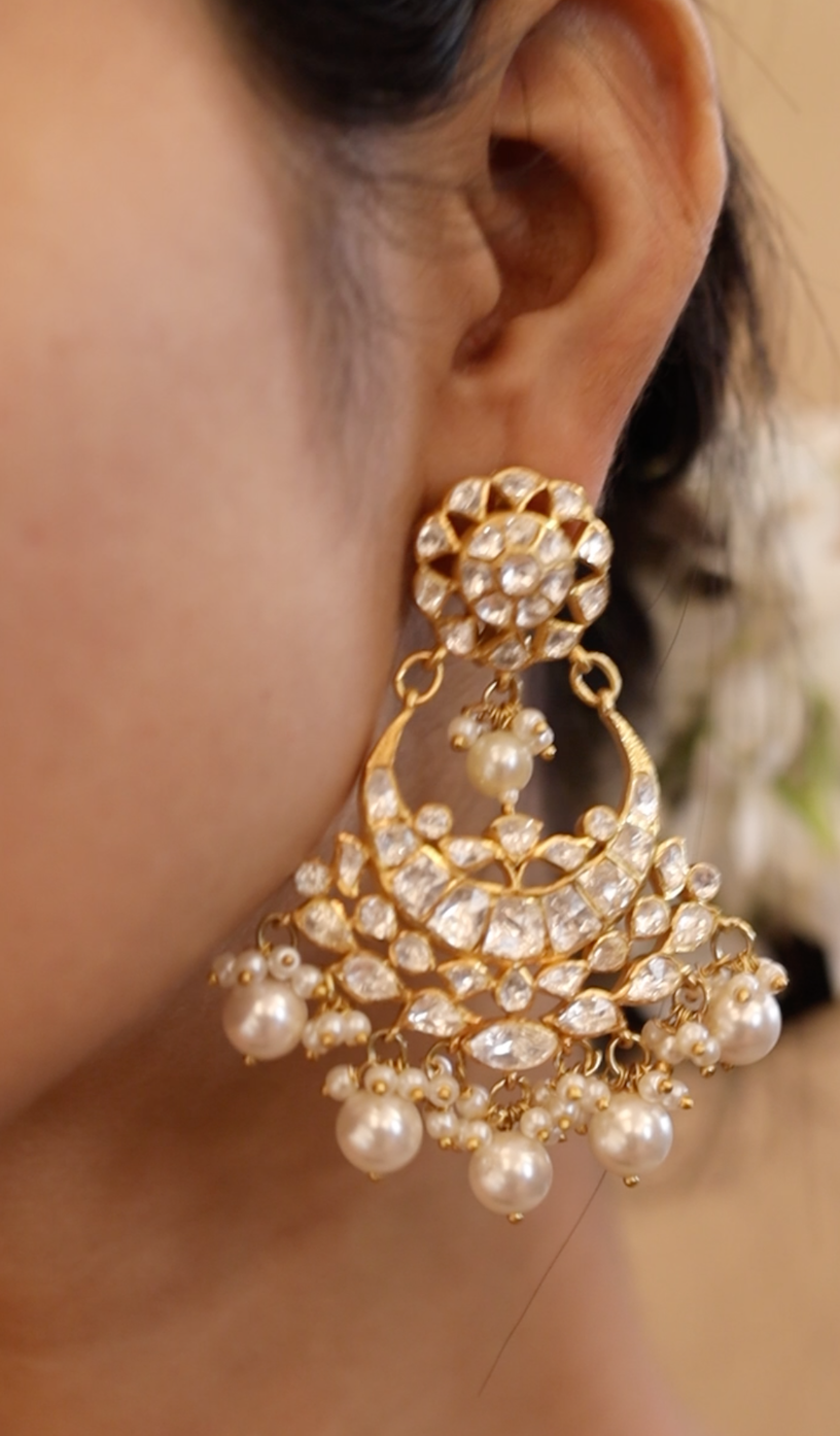 925 Silver Raziya Polki Pearl Chandbali Earrings - Amrrutam