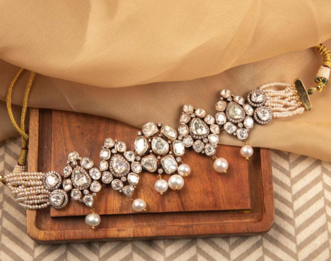 925 Silver Surya Chandra Polki Necklace Set - Amrrutam