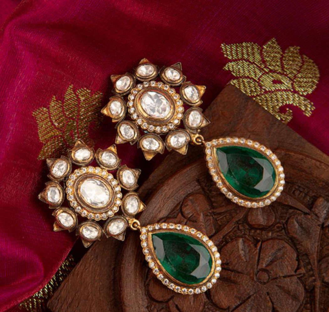 925 Silver Nellore Polki Drop Earring - Amrrutam