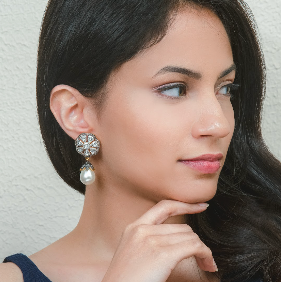 925 Silver Geo Flora Uncut Diamond Earrings - Amrrutam