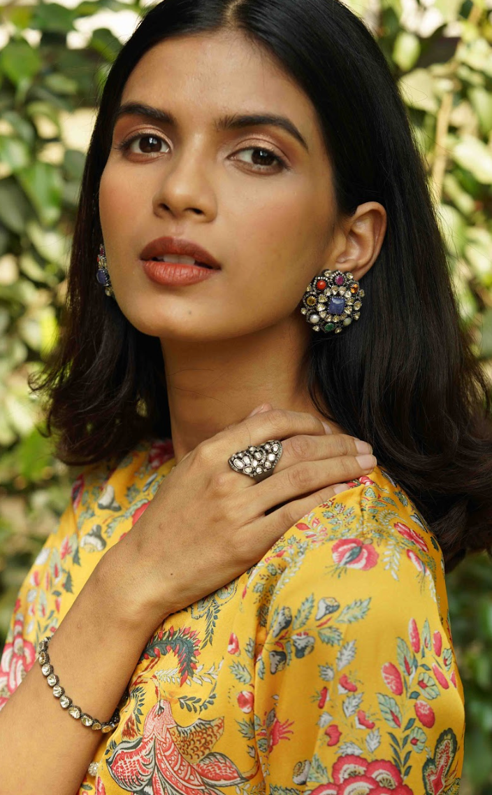 925 Silver Vintage Navratan Oversized Stud Earrings - Amrrutam