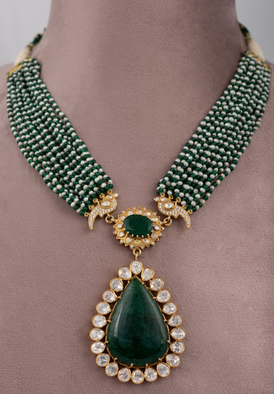 925 Silver Green Mohira Polki Necklace Set - Amrrutam