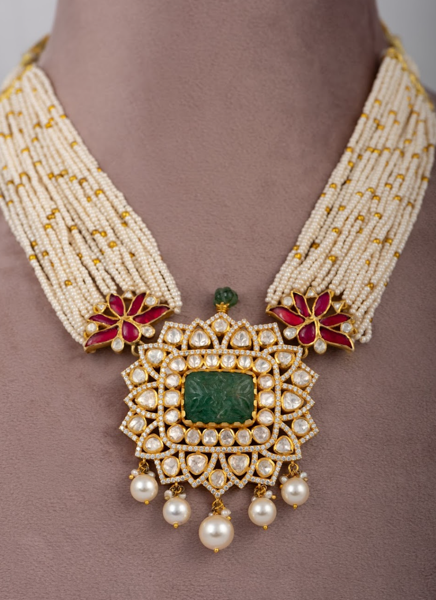 925 Silver Sariska Polki Long Necklace Set - Amrrutam