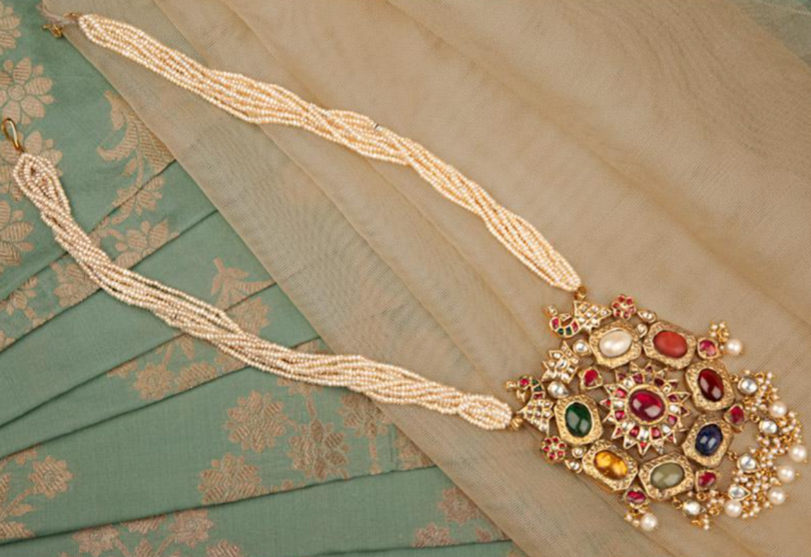 925 Silver Navratan Pendant Surya Chandra Necklace - Amrrutam