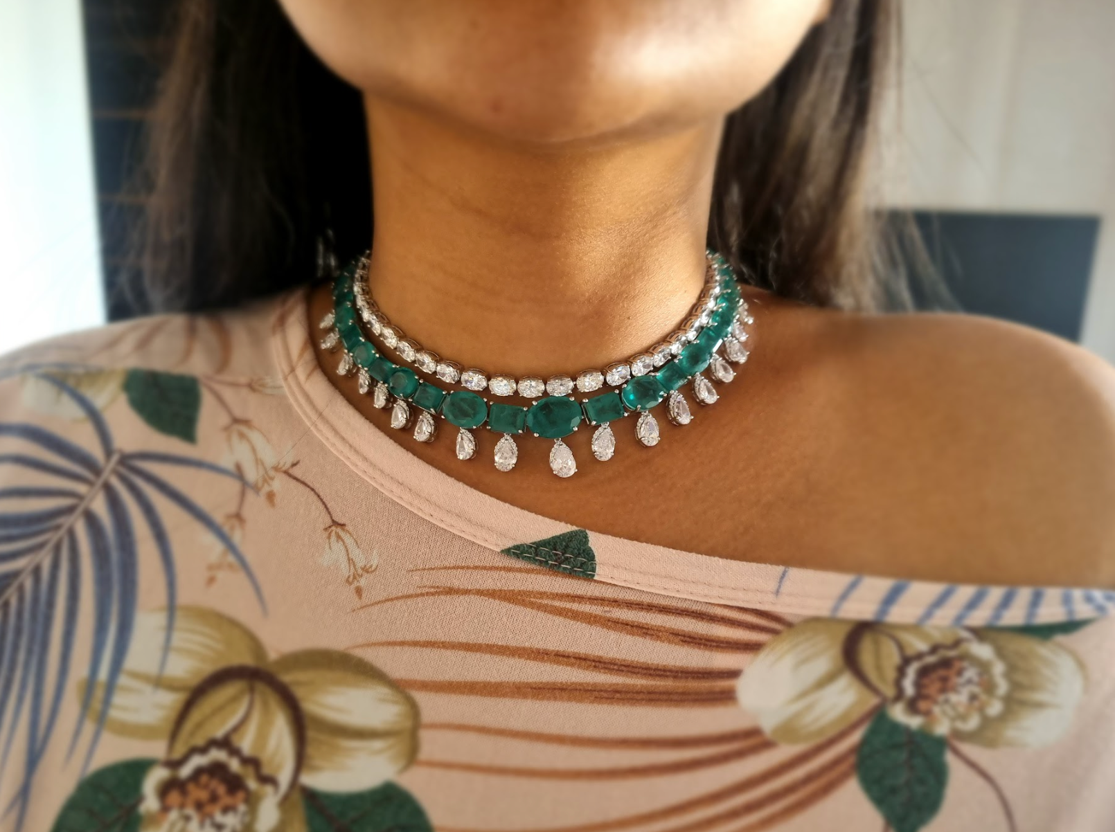925 Silver Statement Emerald Choker Necklace - Amrrutam