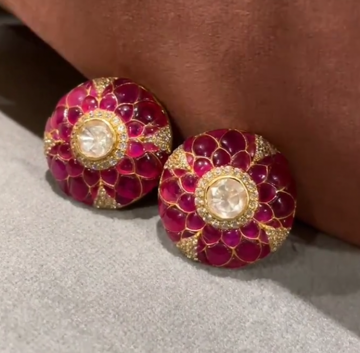 925 Silver Kameli Ruby Polki Stud Earrings - Amrrutam