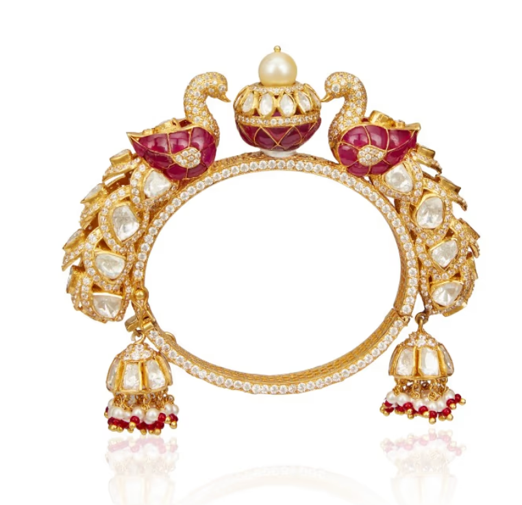 925 Silver Embellished Polki Peacock Bangle - Amrrutam