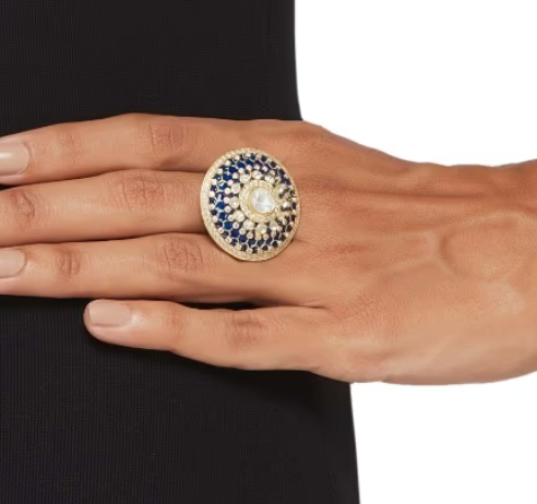 925 Silver Lavanya Blue Polki Ring - Amrrutam