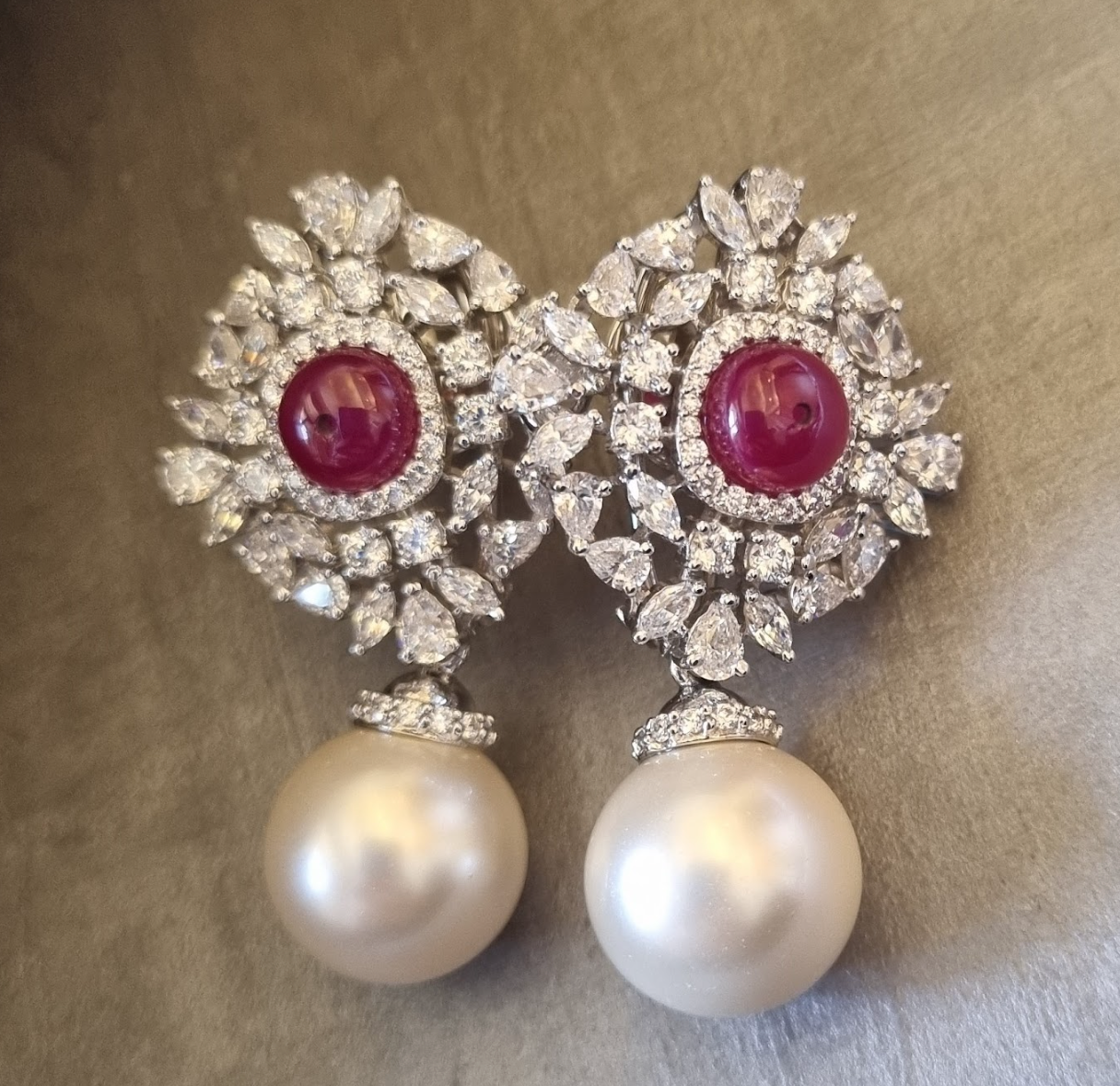 925 Silver Ruby CZ Pearl Drop Earring - Amrrutam