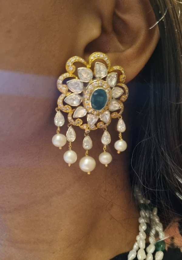 925 Silver Floral CZ Pearl Drop Earring - Amrrutam