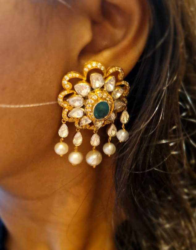 925 Silver Floral CZ Pearl Drop Earring - Amrrutam