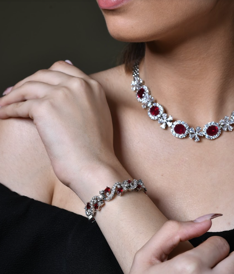 925 Silver Ruby Cocktail Necklace Set - Amrrutam