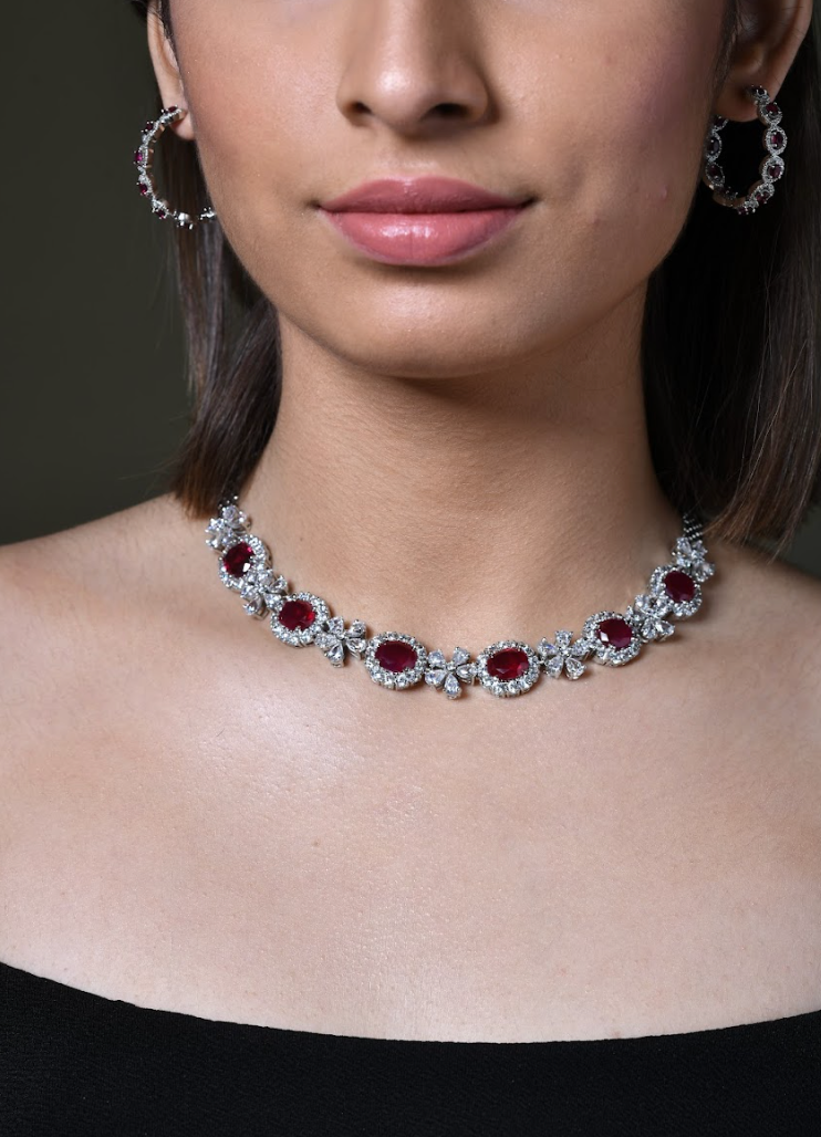 925 Silver Ruby Cocktail Necklace Set - Amrrutam