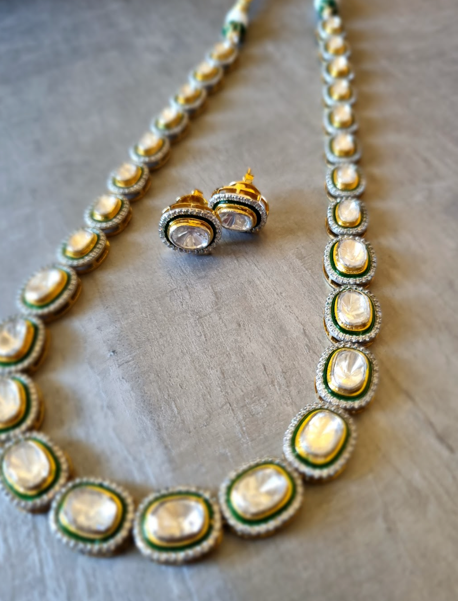 925 Silver Polki Meena Mala Necklace Set - Amrrutam Jewellery