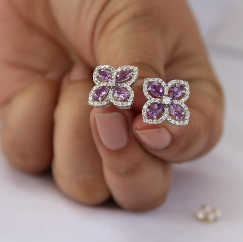 925 Silver Natural Amethyst Stud Earrings - Amrrutam Jewellery
