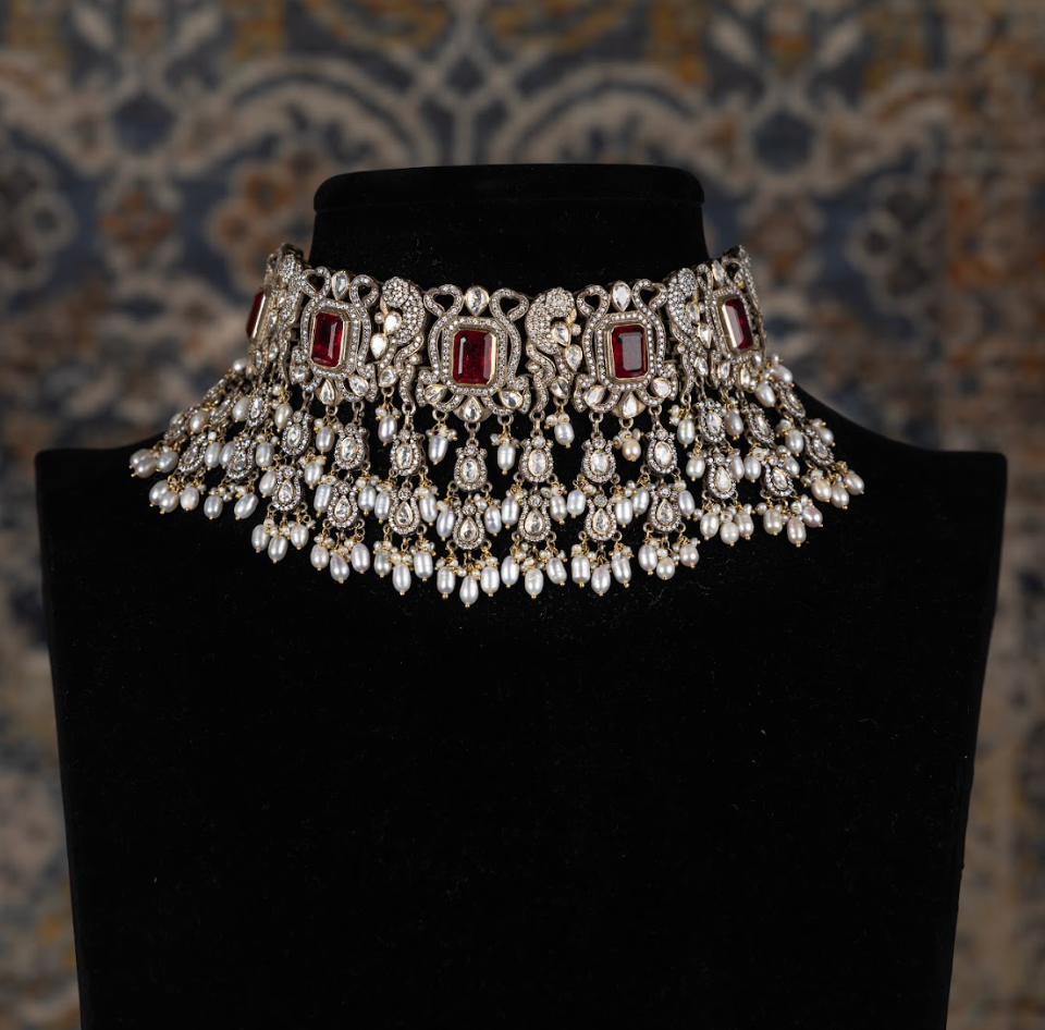 925 Silver Jahanvi Victorian Ruby Choker Necklace Set - Amrrutam Jewellery
