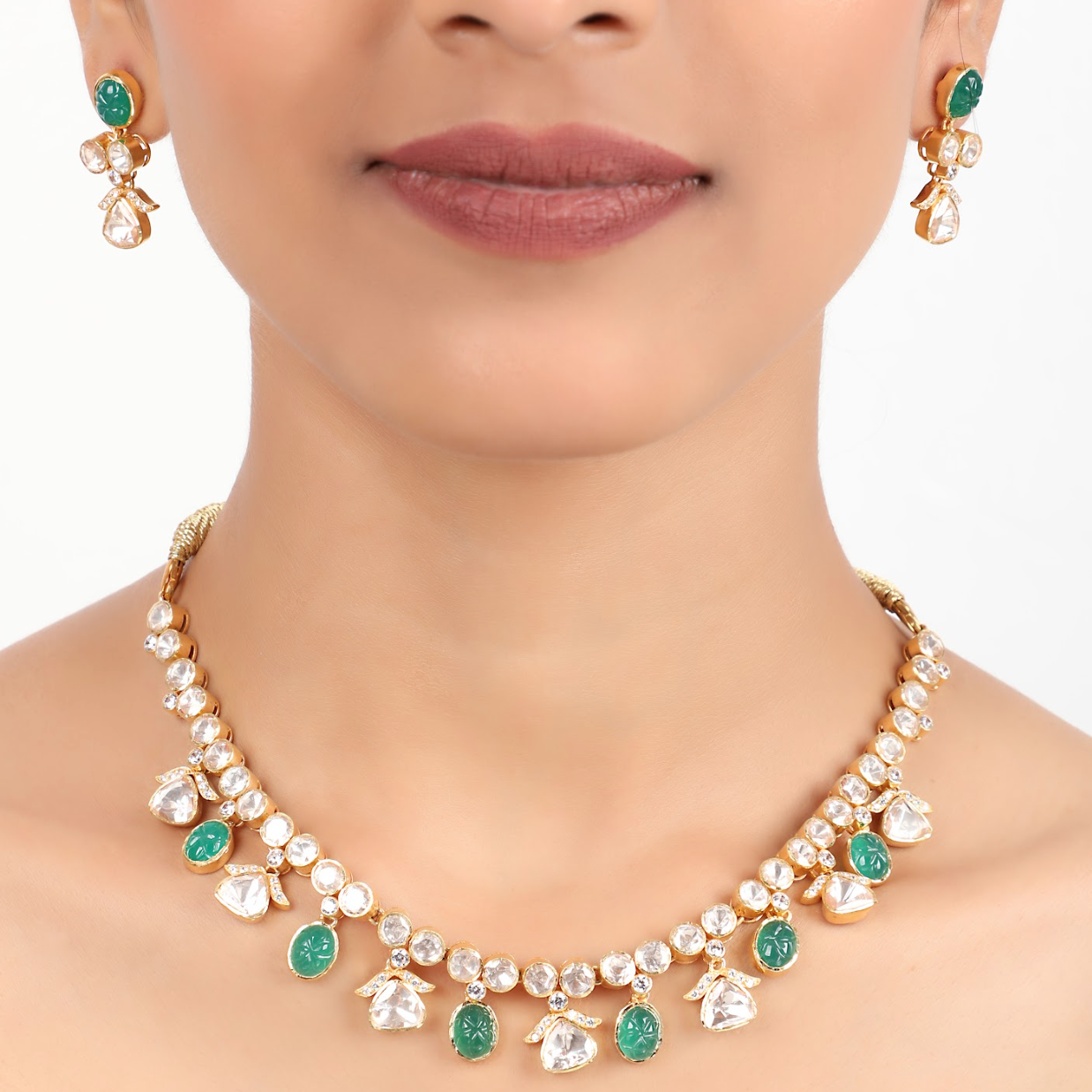 925 Silver Gaurika Moissanite Polki Necklace Set - Amrrutam Jewellery