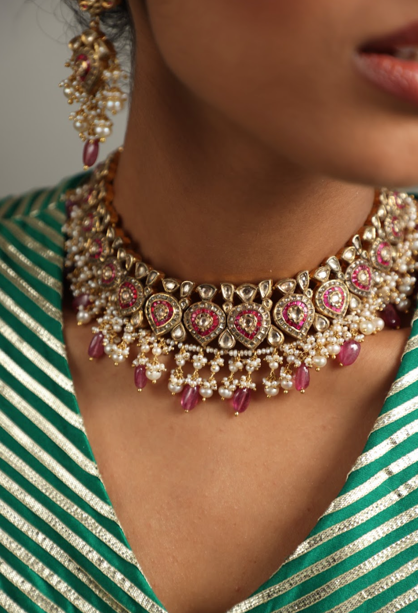 925 Silver Bavara Roza Polki Choker Necklace Set - Amrrutam