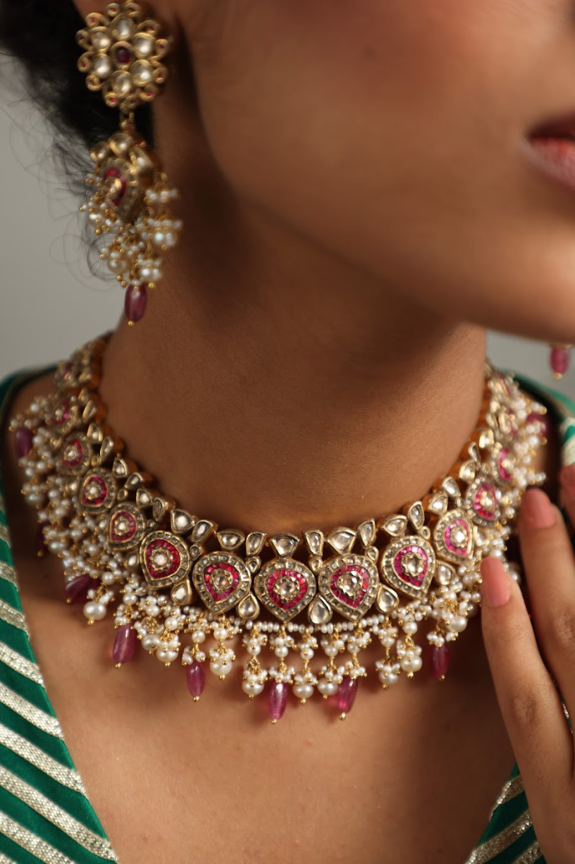 925 Silver Bavara Roza Polki Choker Necklace Set - Amrrutam