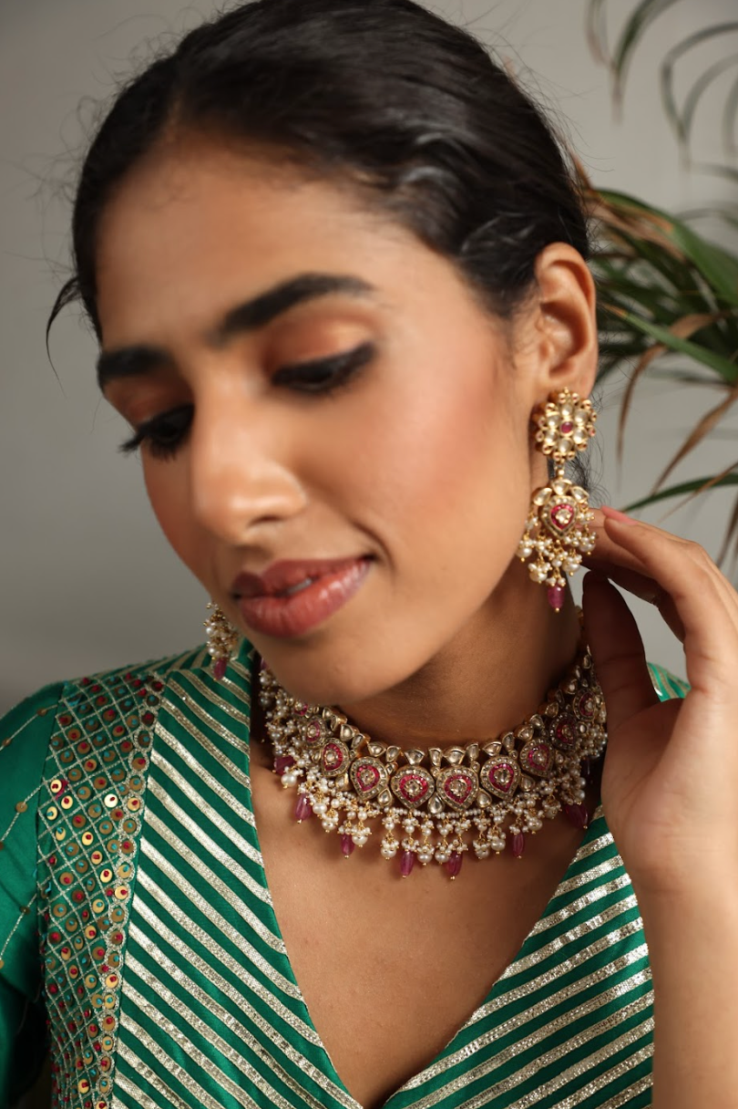 925 Silver Bavara Roza Polki Choker Necklace Set - Amrrutam